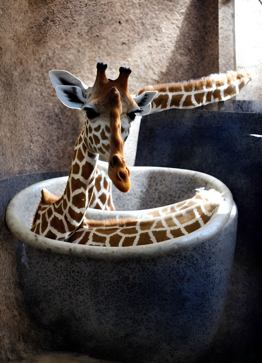 Giraffe peering over stone wall in sunlight with shadows