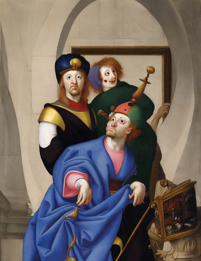 Renaissance-style painting featuring three jesters with surprised expressions