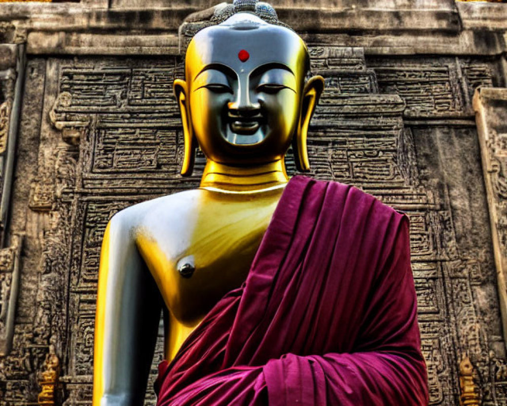 Golden Buddha Statue Draped in Red Sash Before Intricate Temple Wall