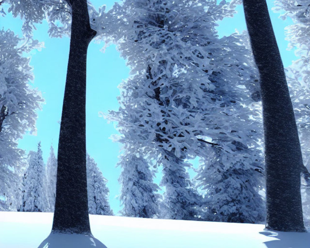 Serene winter forest with snow-covered trees and long shadows