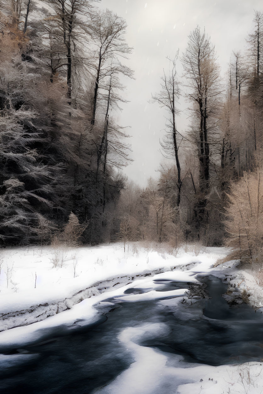 Snow-covered winter landscape with river and trees under cloudy sky