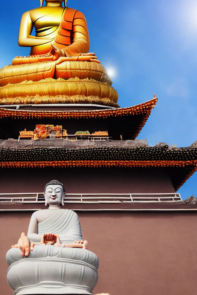 Golden and White Buddha Statues in Meditation Pose with Temple Roofs Against Blue Sky