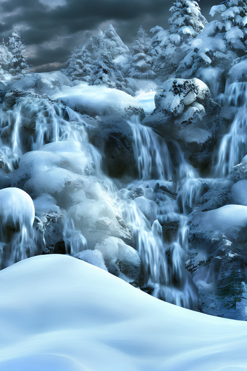 Snowy Waterfall Amidst Frozen Streams and Pine Trees Under Cloudy Sky