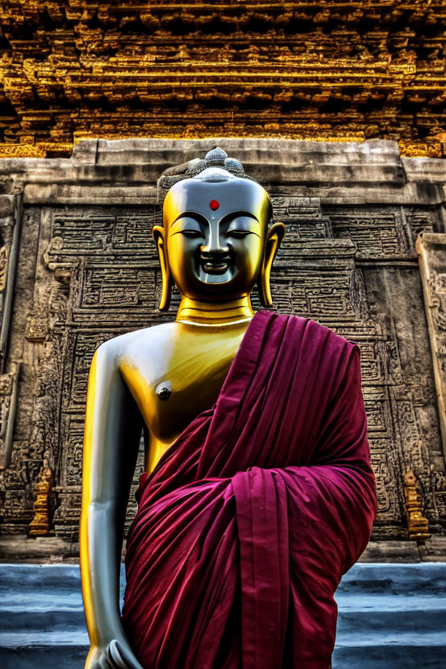 Golden Buddha Statue Draped in Red Sash Before Intricate Temple Wall