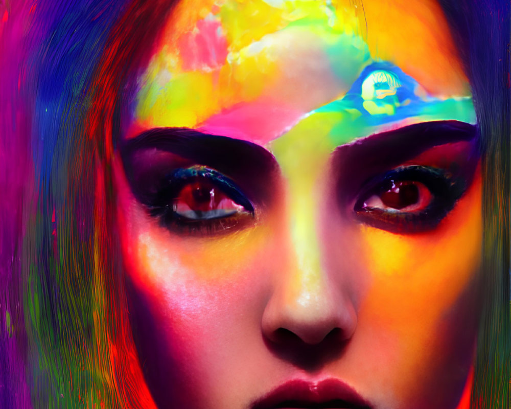 Colorful portrait of a woman with vibrant face paint and intense gaze