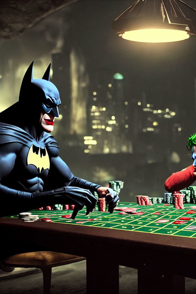 Superhero and villain at casino table with chips under hanging lamp