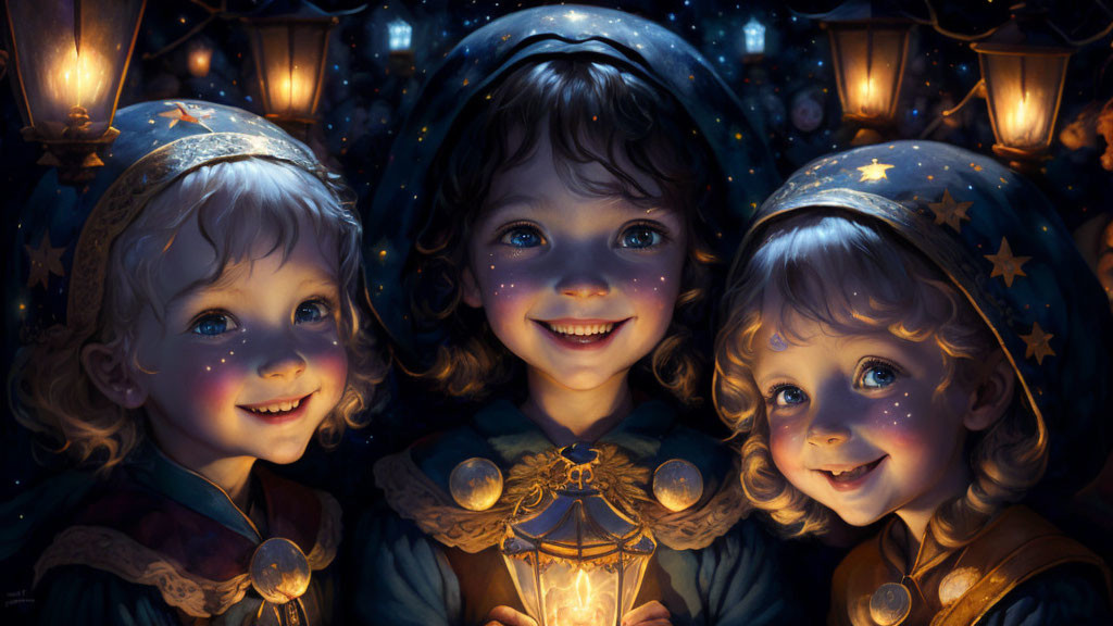 Three children with starry hats and lantern under night sky