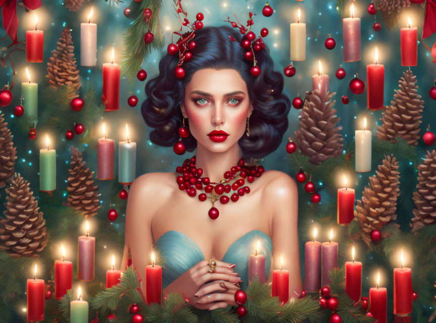 Illustrated woman with berry wreath, red candles, pinecones, and festive lights.