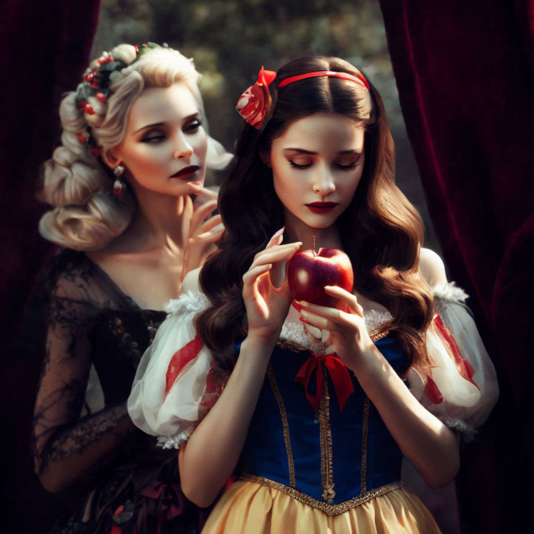 Two women in fairytale costumes in mystical forest setting.