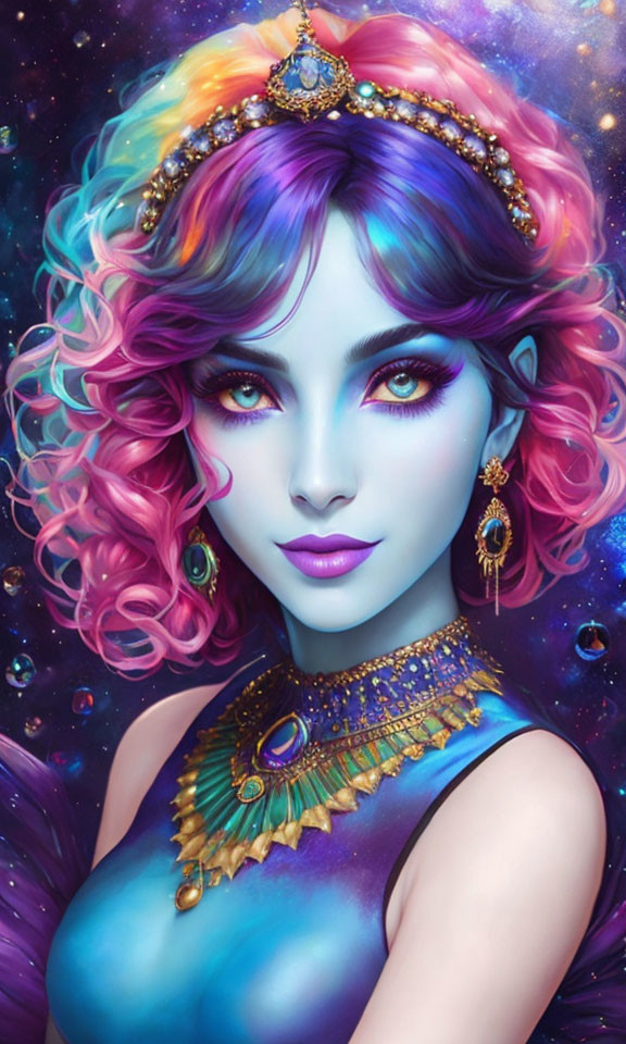 Colorful portrait of a woman with multicolored hair, blue eyes, crown, and cosmic backdrop