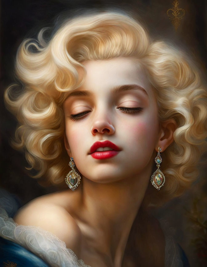 Portrait of young woman with blonde curls and closed eyes, rosy cheeks, ornate earrings on dark