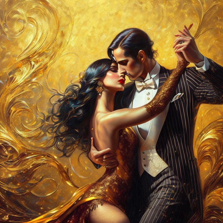 Formal attire couple dances amidst golden swirls in passionate embrace