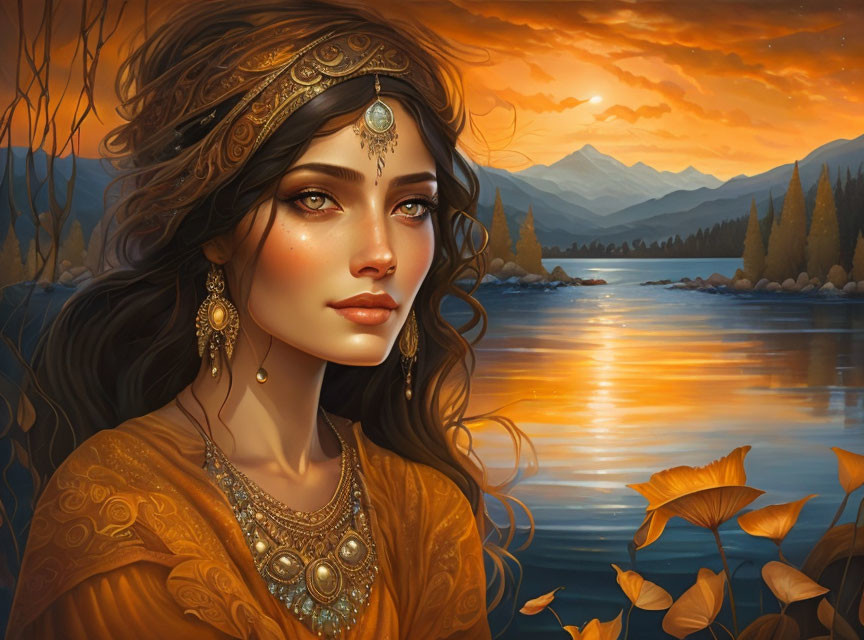 Woman with elaborate jewelry gazing at sunset over lake & mountains