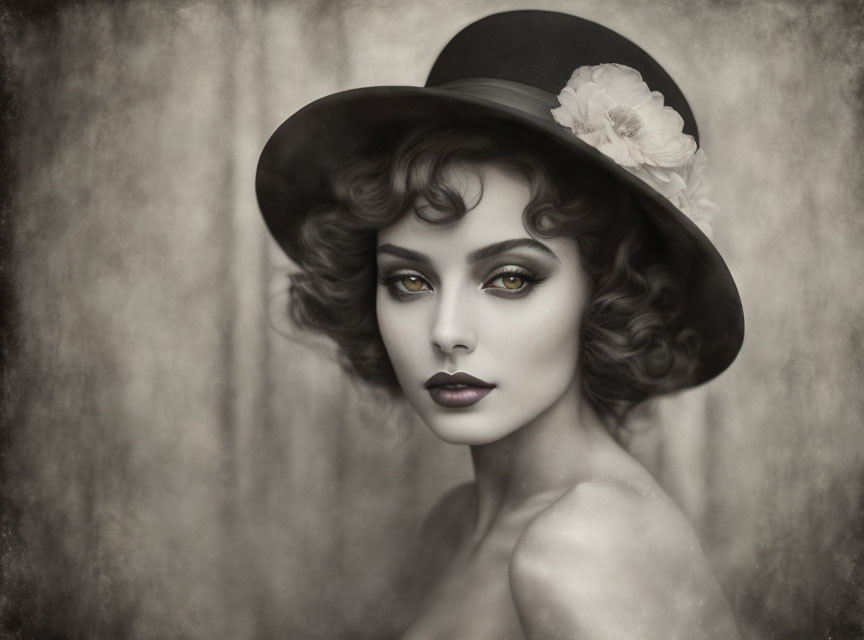 Sepia-Toned Vintage Portrait of Woman with Curly Hair and Wide-Brimmed Hat