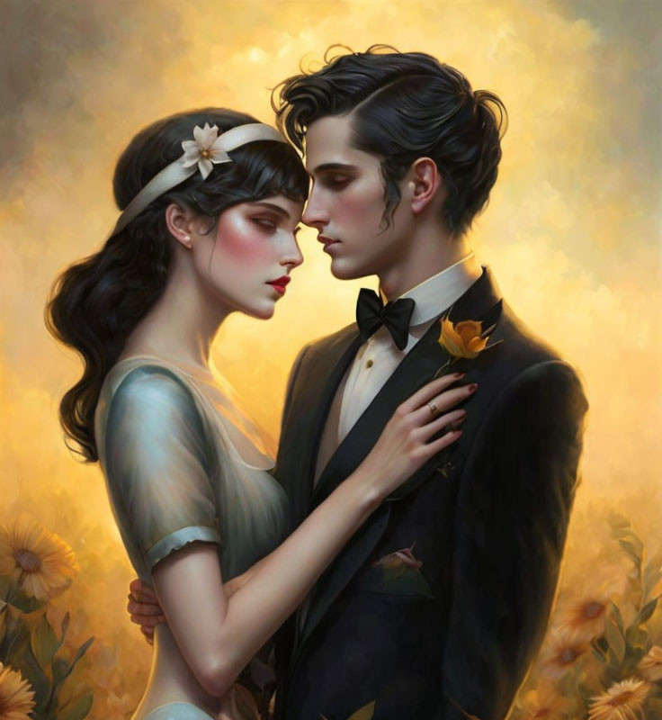 Romantic couple embracing in blue dress and black suit among sunflowers