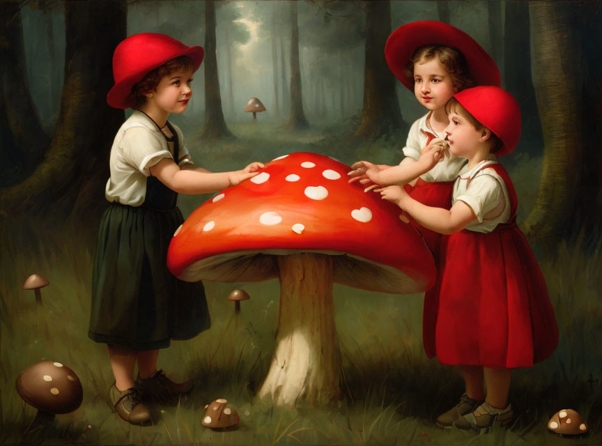 Three young girls admire giant red-and-white mushroom in enchanting forest scene