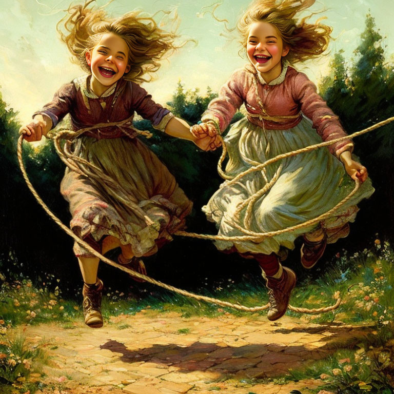 Vintage dresses: Two girls skip rope in sunny, cartoon landscape