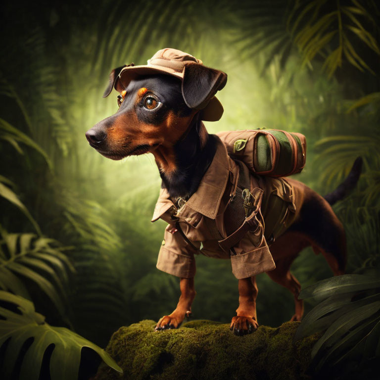 Small Dog Dressed as Explorer in Lush Green Setting