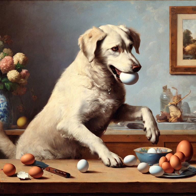 Playful white dog holding egg amidst messy table with raw eggs, bowl, and painting.