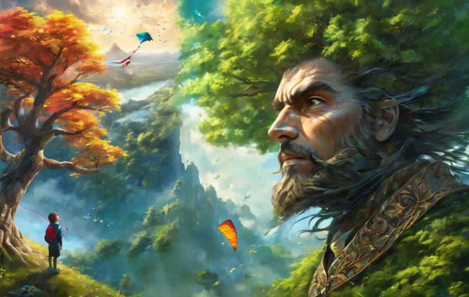 Fantasy illustration of giant man with tree branch beard in forest landscape watching child flying kite