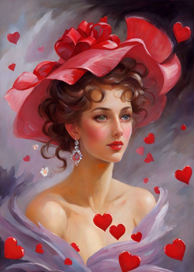 Woman portrait with large pink hat and floating hearts, elegant earring