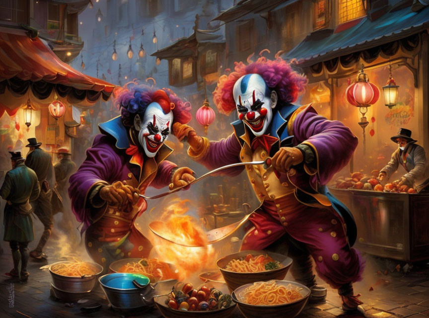 Clowns cooking noodles in fiery wok at street market