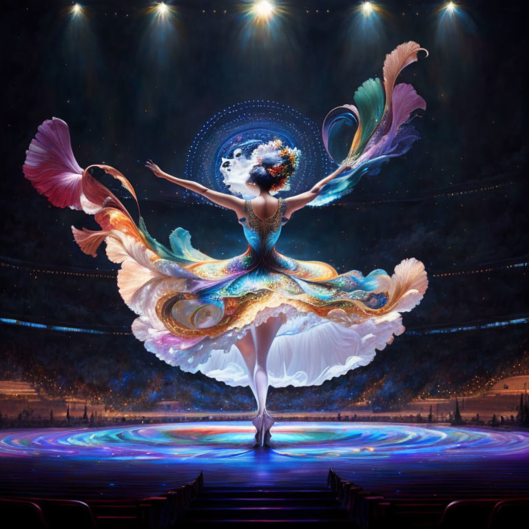 Colorful feathered costume dancer on stage with cosmic backdrop and glowing rings.