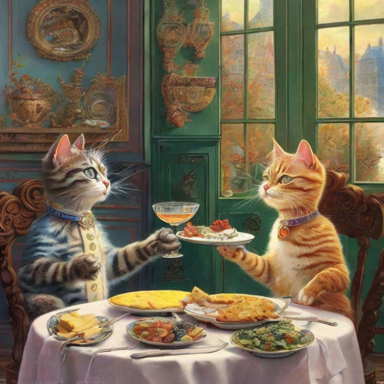 Anthropomorphized cats dining at table in vintage room with cityscape view