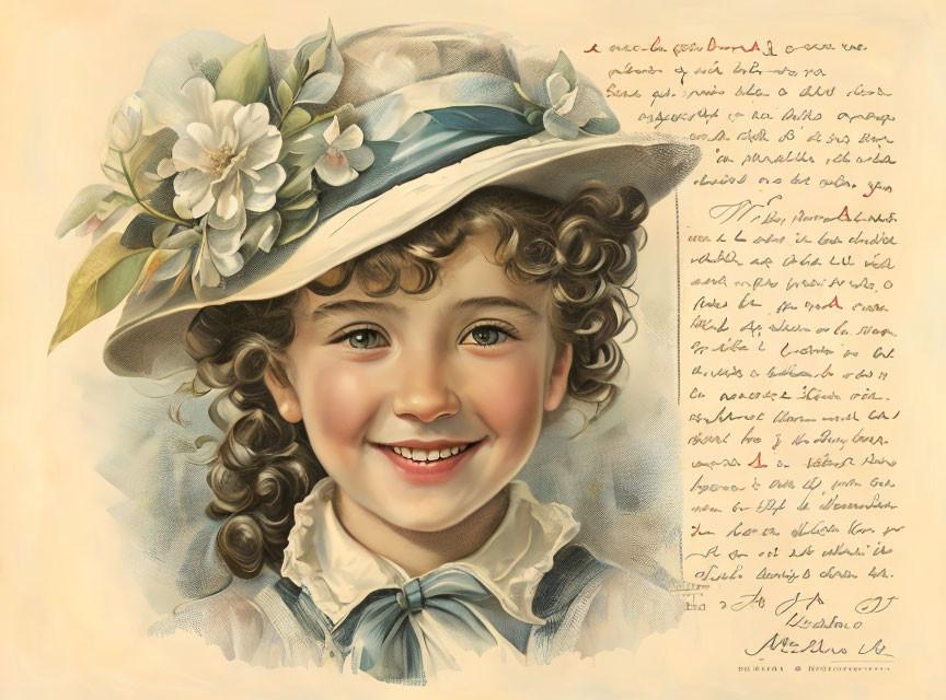 Portrait of young girl with curly hair, smiling in flower-adorned hat on beige background.