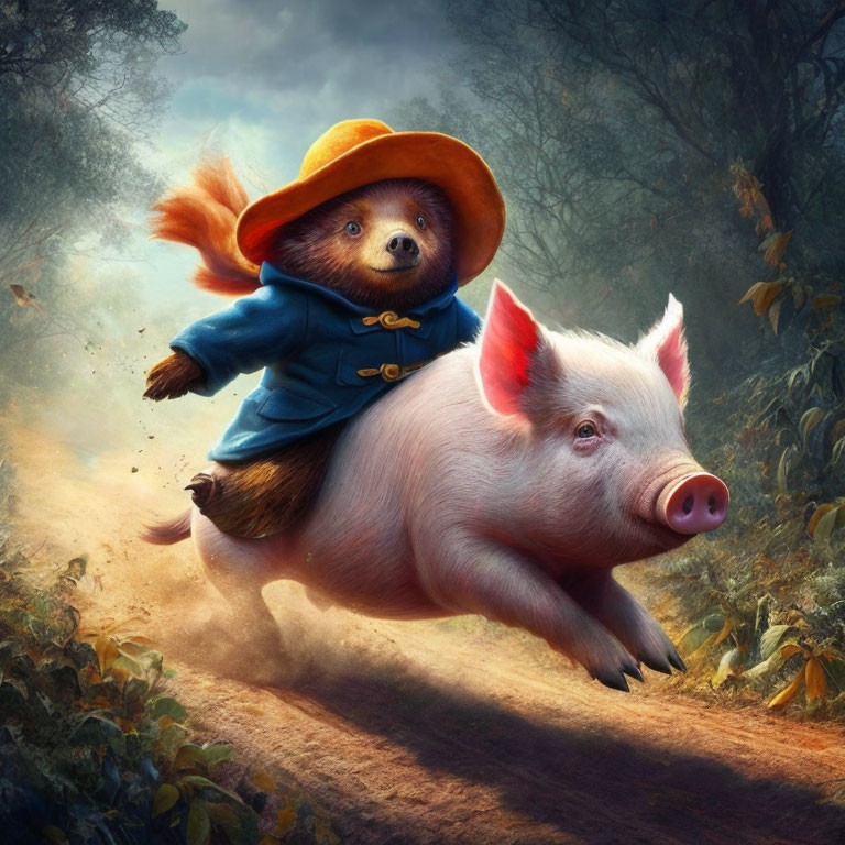 Cheerful sloth in yellow hat rides pink pig through misty forest