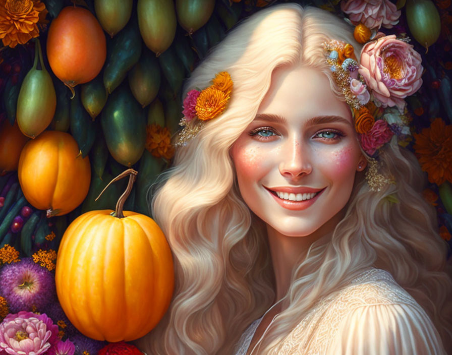 Smiling woman with floral hair accessories among pumpkins and flowers