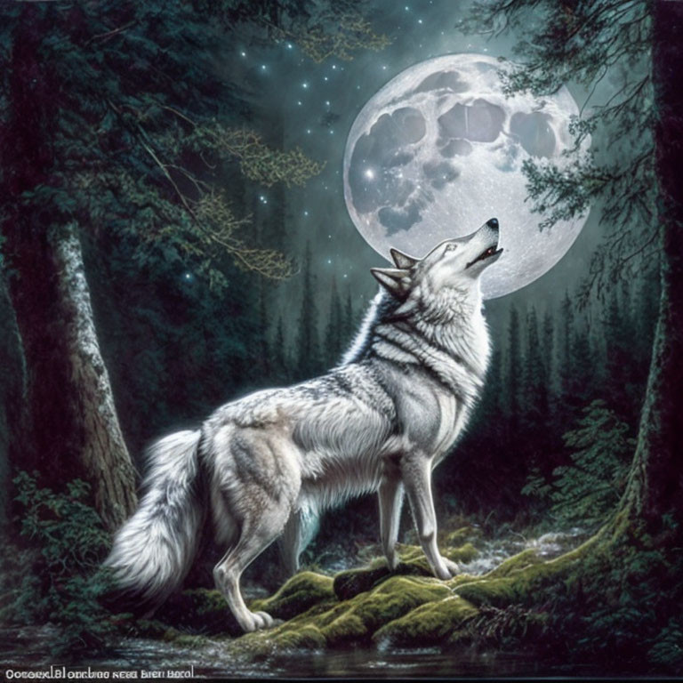 Wolf howling at full moon in mystical forest with twinkling stars