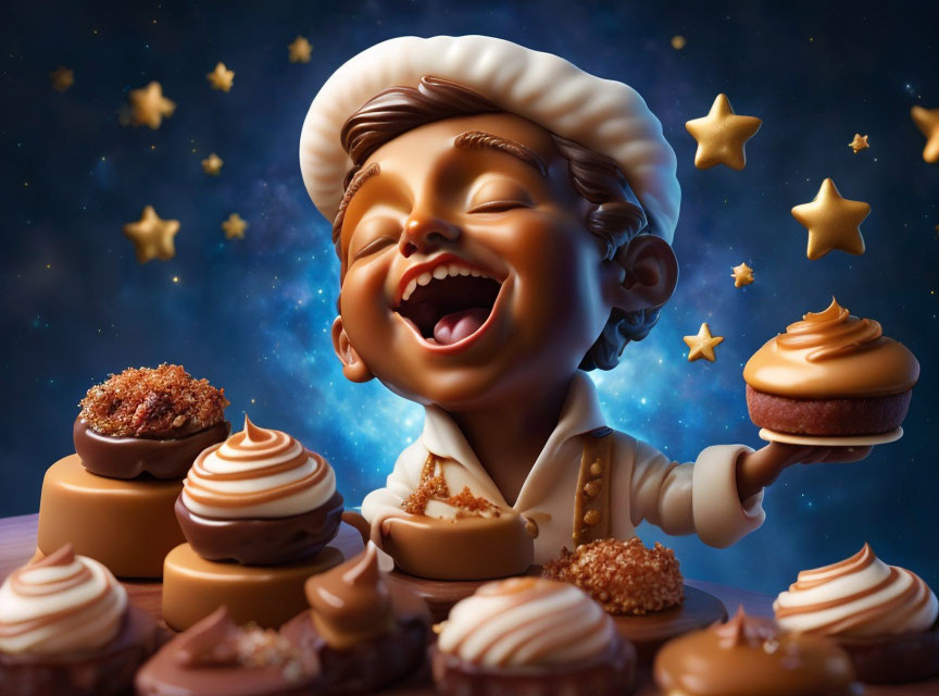 Animated chef with cupcake and desserts on starry backdrop