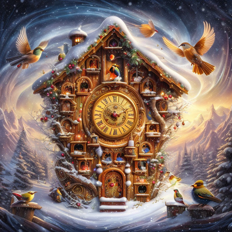 Festive cuckoo clock house in snowy winter scene