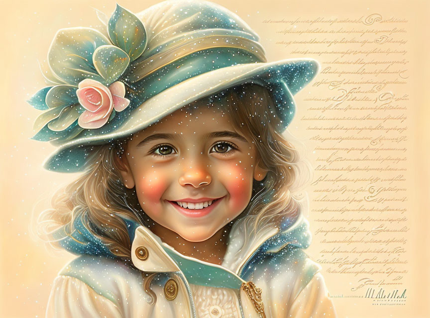 Smiling young girl with curly hair in vintage attire illustration