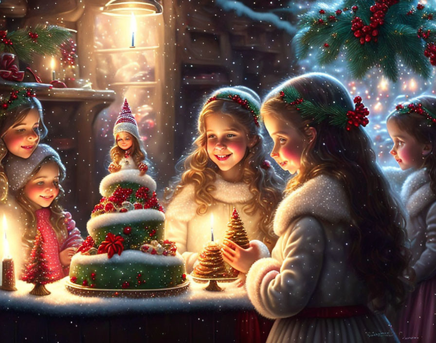 Children admiring Christmas tree cake in snowy window scene