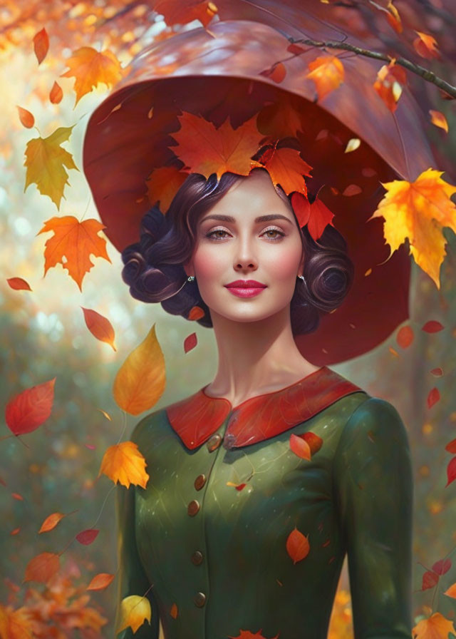 Vintage Style Woman in Autumn Leaves Hat and Dress surrounded by Floating Leaves