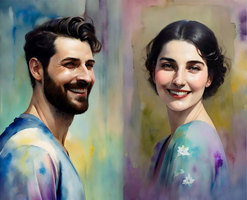 Impressionistic painting of smiling man and woman