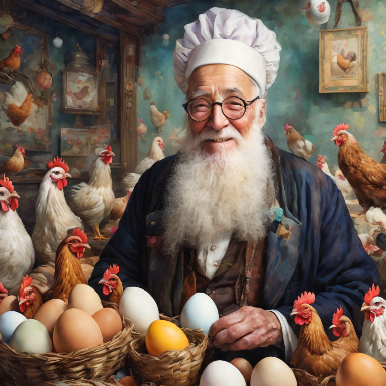 Elderly man with white beard in chef's hat among chickens and eggs with paintings.