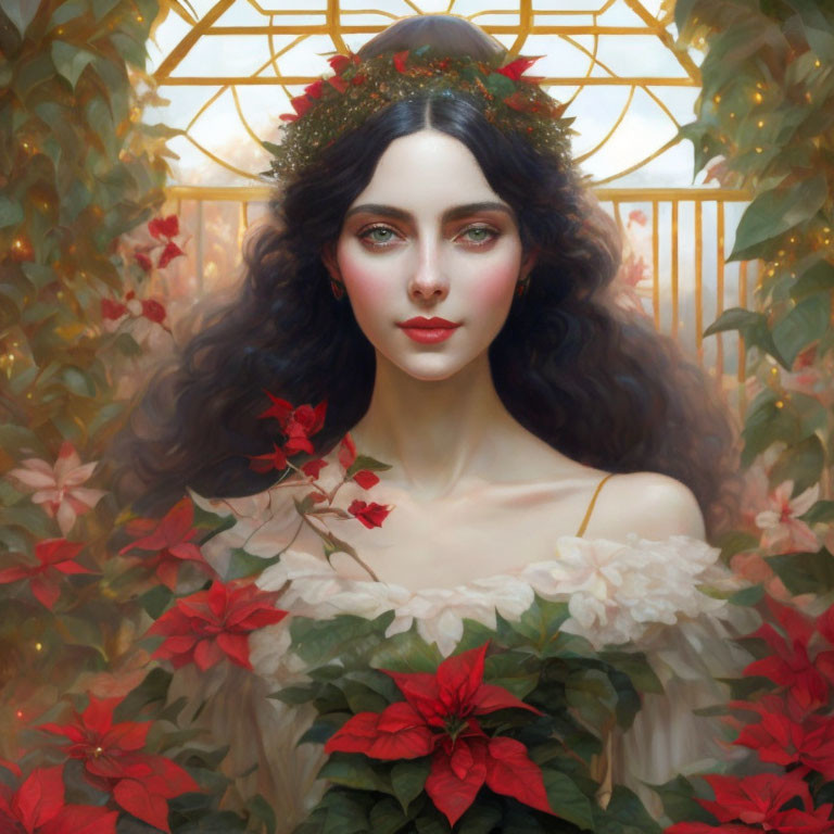 Portrait of woman with dark hair, leafy crown, white dress, surrounded by red flowers in a