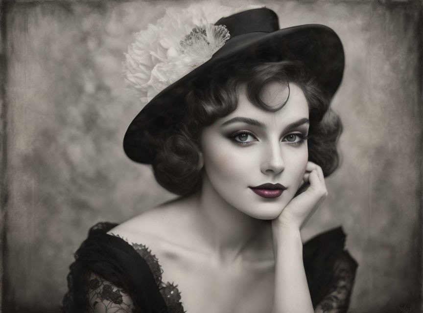 Vintage black-and-white portrait of a woman with wavy hair, wide-brimmed hat, flower