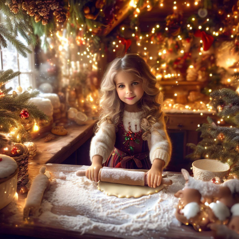 Curly-haired girl rolling dough in a festive Christmas kitchen