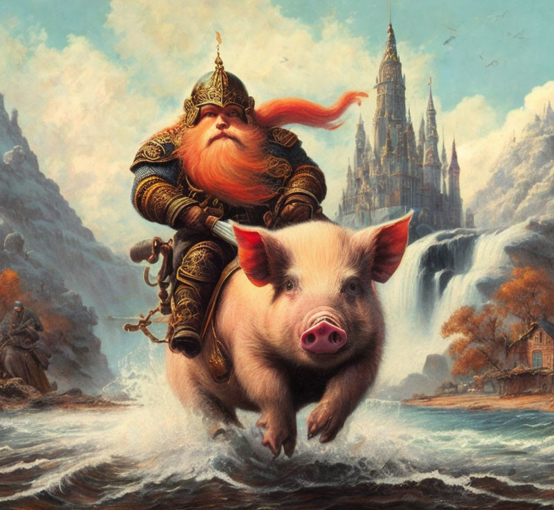 Whimsical Viking riding flying pig over waterfall with castle