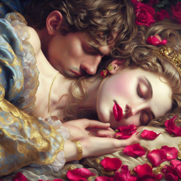 Intimate embrace of man and woman with rose petals, vintage attire, and elaborate hairstyles.