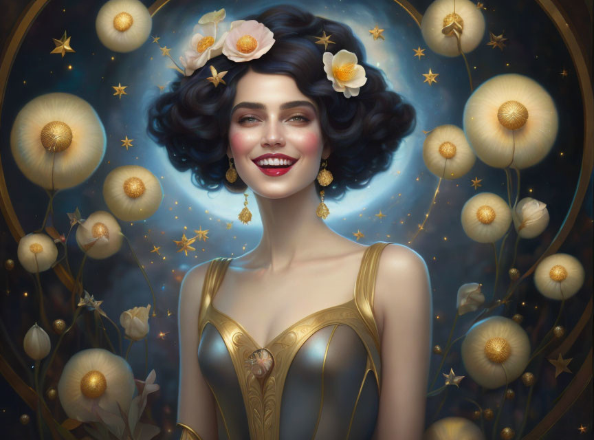 Dark-Haired Woman in Golden Dress Surrounded by Constellation and Dandelions