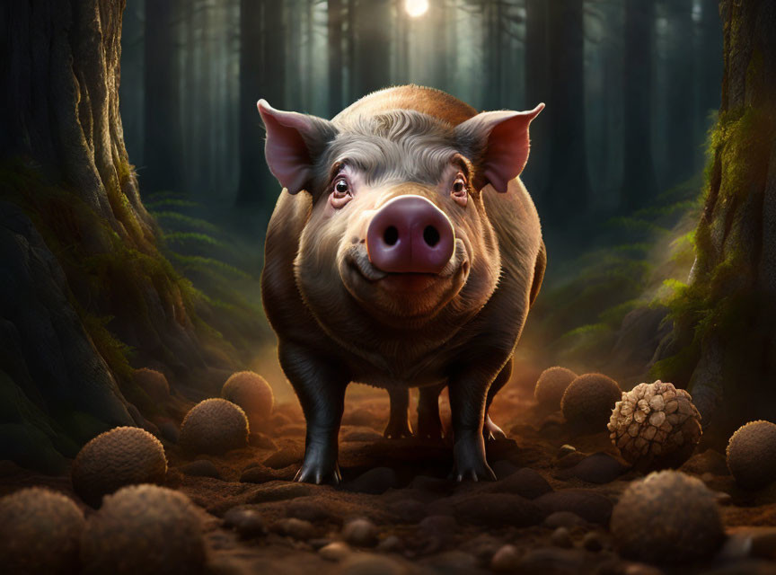 Smiling pig in forest surrounded by pine cones and golden light