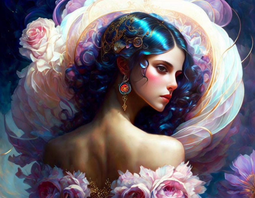 Fantasy portrait of woman with blue hair and ornate jewelry surrounded by pastel flowers.