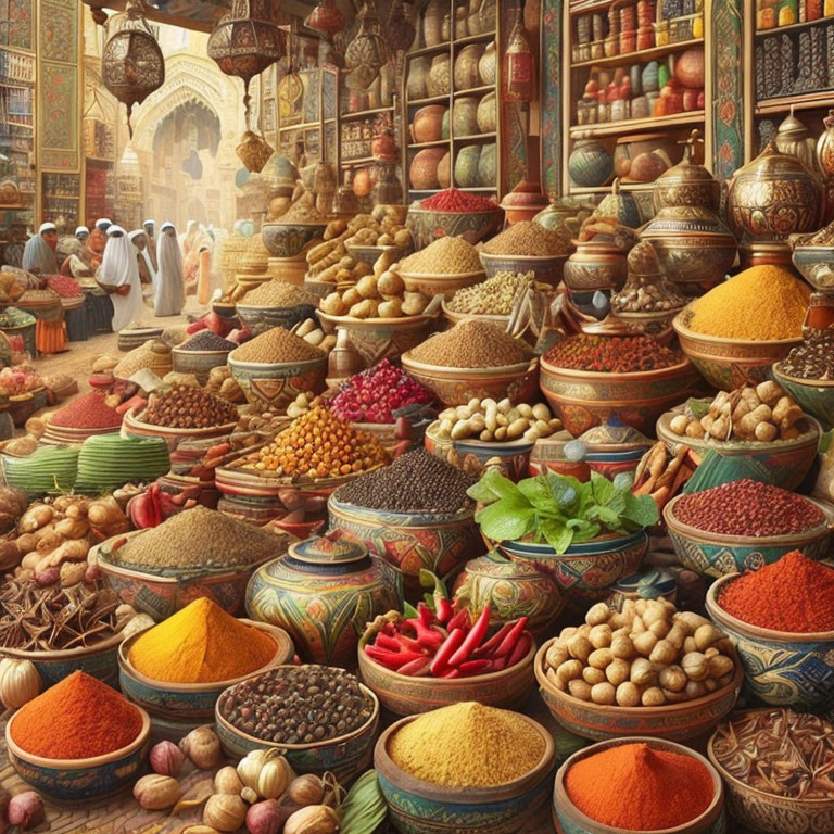 Colorful Spice Market with Customers in Cultural Attire