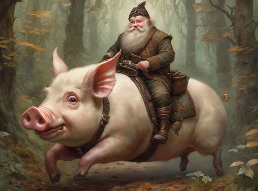 Fantasy character riding pig in misty forest