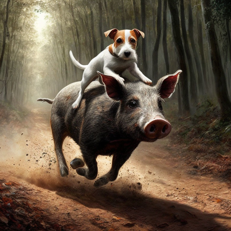 Jack Russell Terrier rides piggyback on sprinting boar in sun-dappled forest